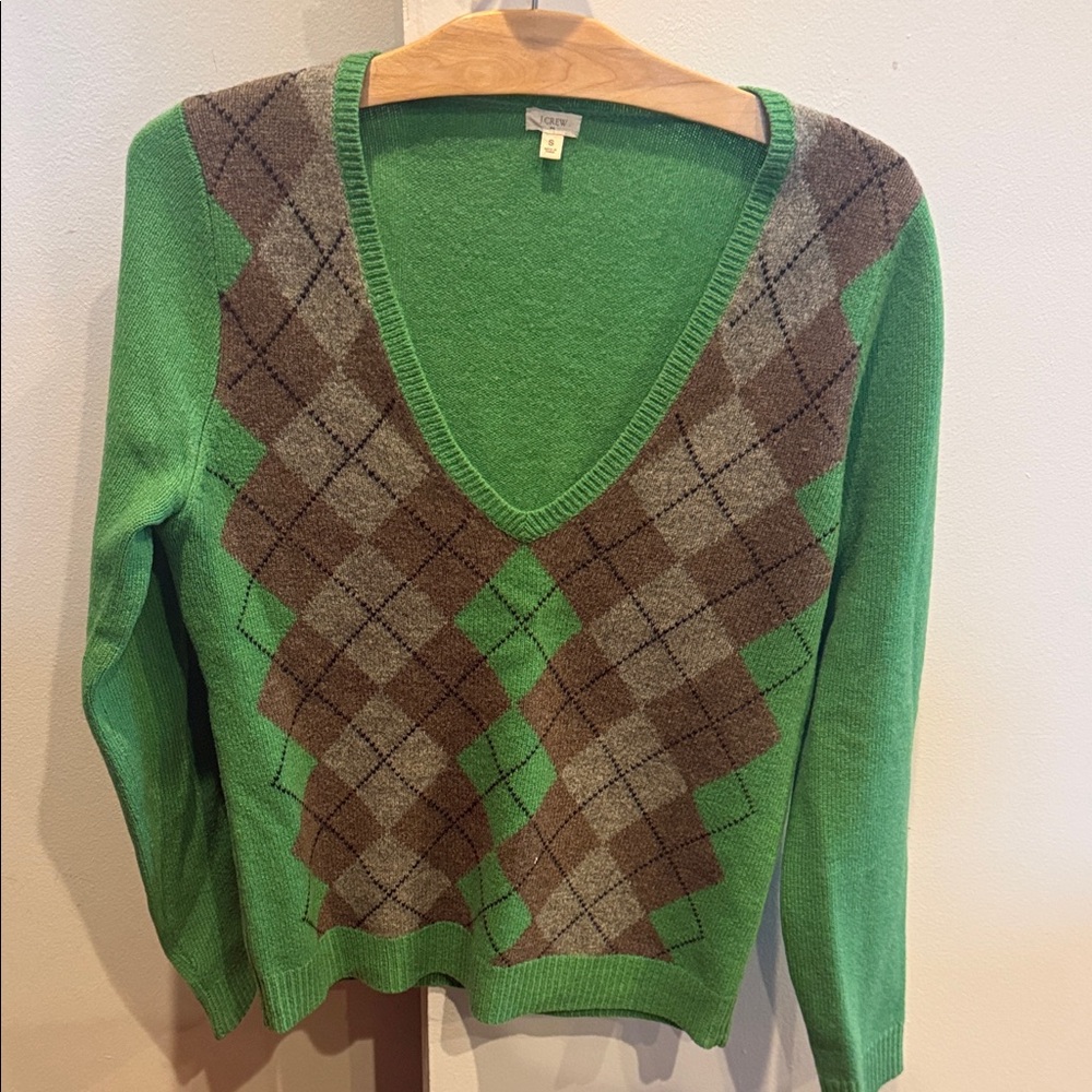 J. Crew Lambs Wool Green and Brown Argyle V-Neck Sweater